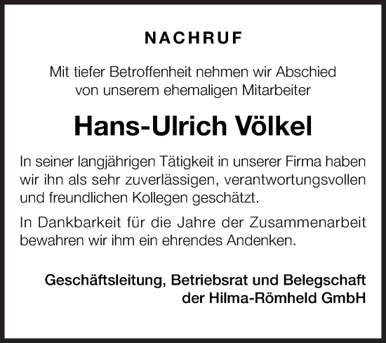 Traueranzeige von Hans-Ulrich Völkel von Siegener Zeitung