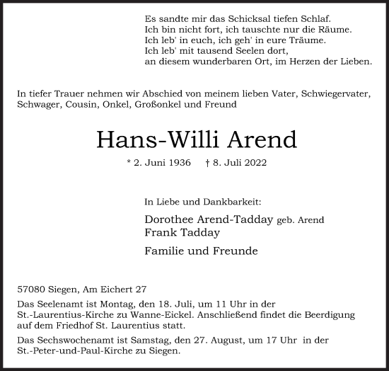 Traueranzeige von Hans-Willi Arend von Siegener Zeitung