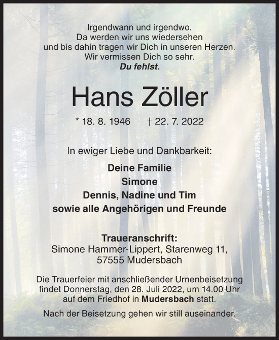 Traueranzeige von Hans Zöller von Siegener Zeitung