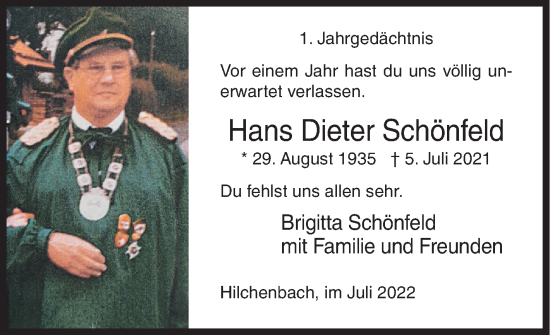 Traueranzeige von Hans Dieter Schönfeld von Siegener Zeitung