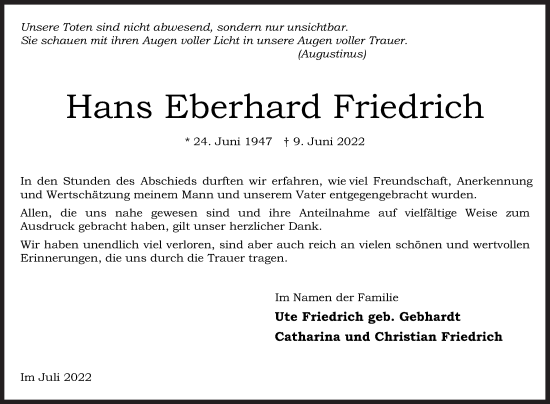 Traueranzeige von Hans Eberhard Friedrich von Siegener Zeitung