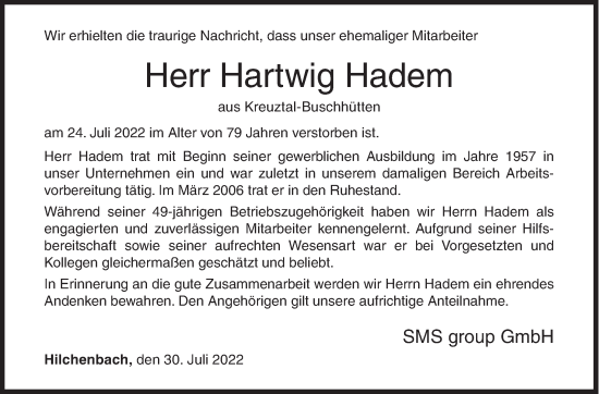 Traueranzeige von Hartwig Hadem von Siegener Zeitung