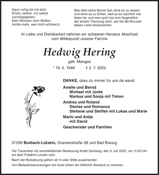 Traueranzeige von Hedwig Hering von Siegener Zeitung