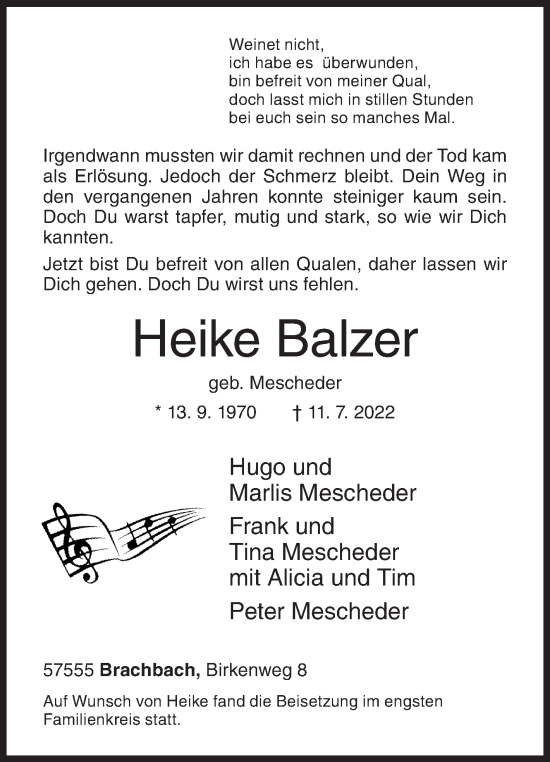 Traueranzeige von Heike Balzer von Siegener Zeitung
