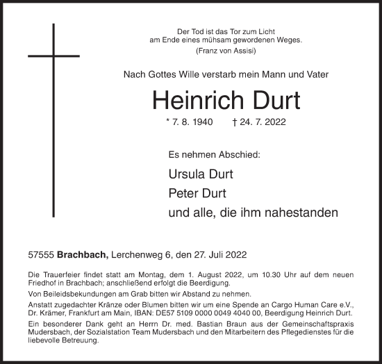 Traueranzeige von Heinrich Durt von Siegener Zeitung