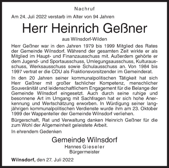 Traueranzeige von Heinrich Geßner von Siegener Zeitung