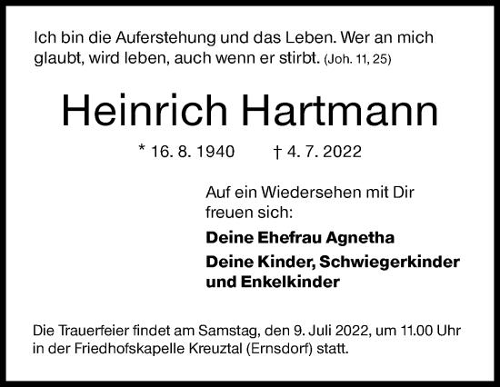 Traueranzeige von Heinrich Hartmann von Siegener Zeitung