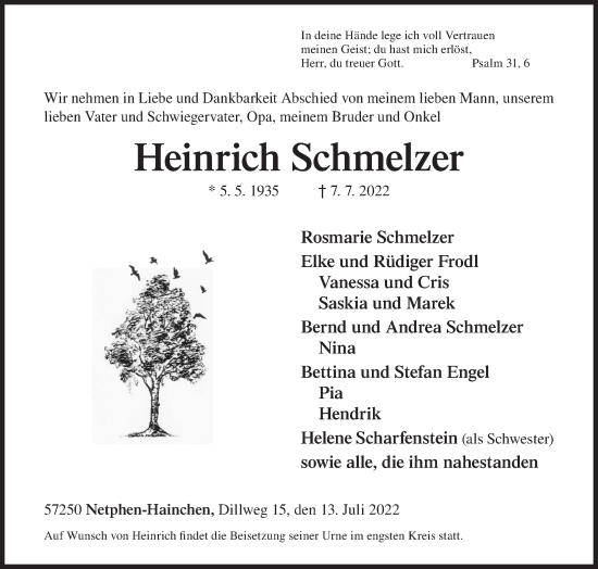 Traueranzeige von Heinrich Schmelzer von Siegener Zeitung