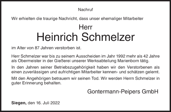 Traueranzeige von Heinrich Schmelzer von Siegener Zeitung