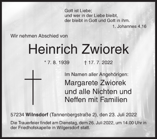 Traueranzeige von Heinrich Zwiorek von Siegener Zeitung