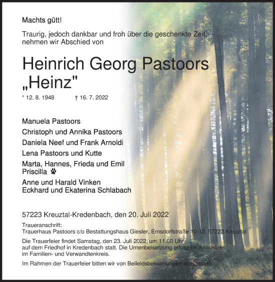 Traueranzeige von Heinrich Georg Pastoors von Siegener Zeitung
