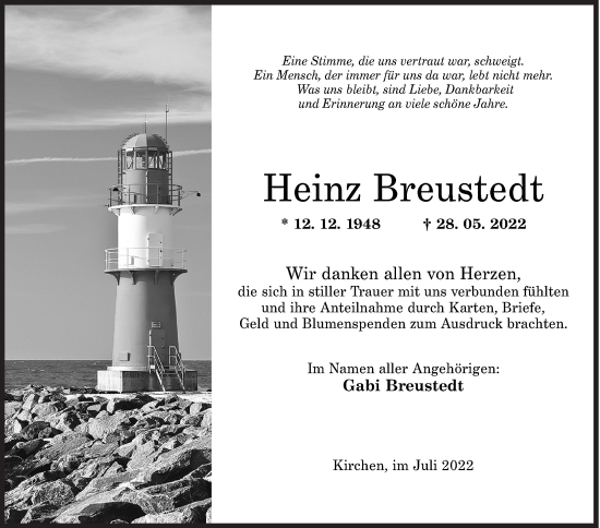 Traueranzeige von Heinz Breustedt von Siegener Zeitung