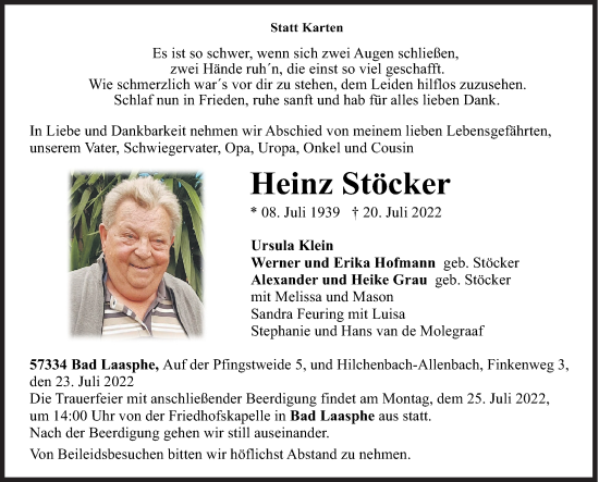 Traueranzeige von Heinz Stöcker von Siegener Zeitung