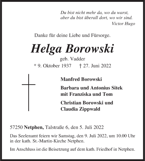 Traueranzeige von Helga Borowski von Siegener Zeitung