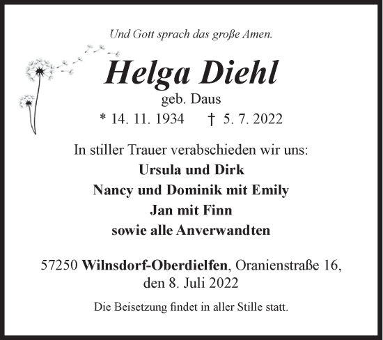 Traueranzeige von Helga Diehl von Siegener Zeitung