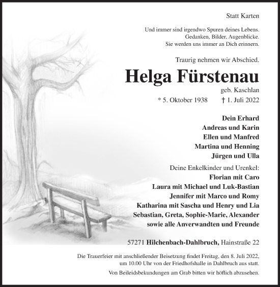 Traueranzeige von Helga Fürstenau von Siegener Zeitung