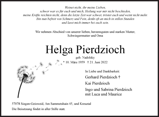 Traueranzeige von Helga Pierdzioch von Siegener Zeitung