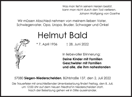 Traueranzeige von Helmut Bald von Siegener Zeitung