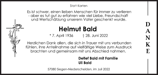 Traueranzeige von Helmut Bald von Siegener Zeitung