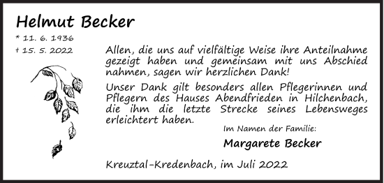 Traueranzeige von Helmut Becker von Siegener Zeitung