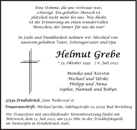 Traueranzeige von Helmut Grebe von Siegener Zeitung