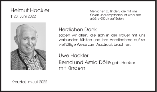 Traueranzeige von Helmut Hackler von Siegener Zeitung