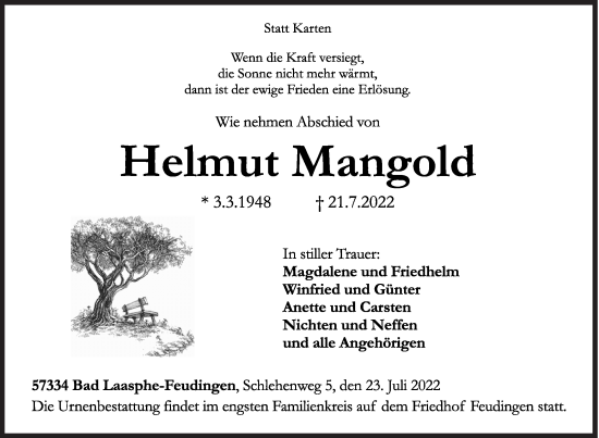 Traueranzeige von Helmut Mangold von Siegener Zeitung