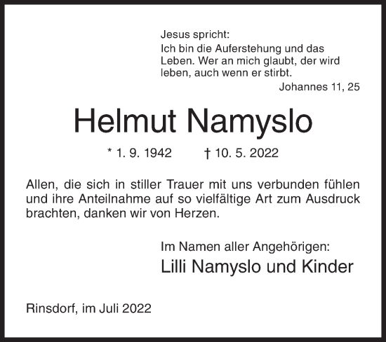 Traueranzeige von Helmut Namyslo von Siegener Zeitung
