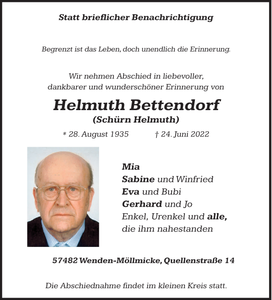 Traueranzeige von Helmuth Bettendorf von Siegener Zeitung