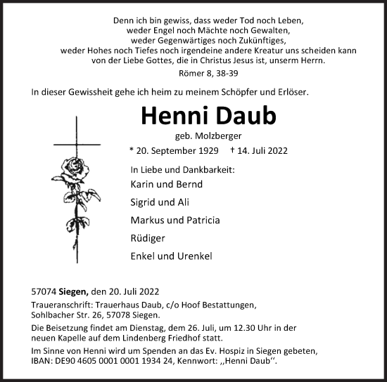 Traueranzeige von Henni Daub von Siegener Zeitung
