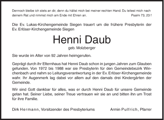 Traueranzeige von Henni Daub von Siegener Zeitung
