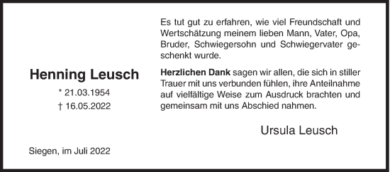 Traueranzeige von Henning Leusch von Siegener Zeitung
