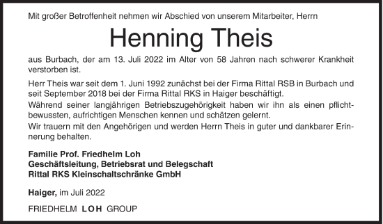 Traueranzeige von Henning Theis von Siegener Zeitung
