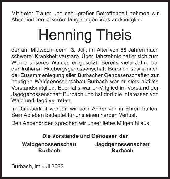 Traueranzeige von Henning Theis von Siegener Zeitung