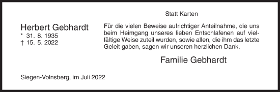 Traueranzeige von Herbert Gebhardt von Siegener Zeitung