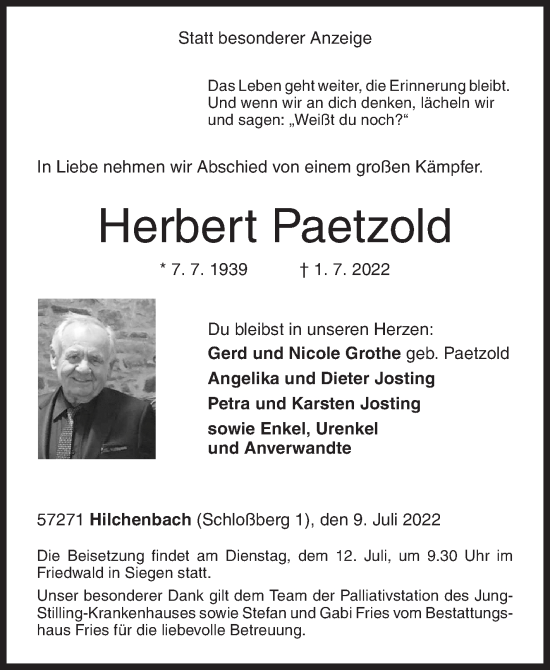 Traueranzeige von Herbert Paetzold von Siegener Zeitung