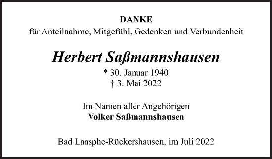 Traueranzeige von Herbert Saßmannshausen von Siegener Zeitung