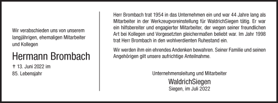 Traueranzeige von Hermann Brombach von Siegener Zeitung