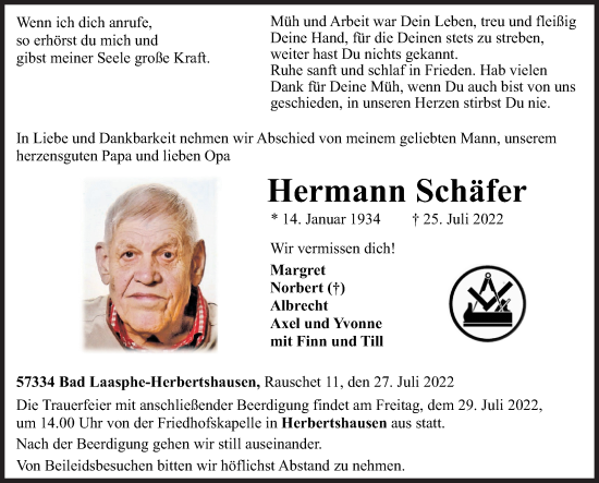 Traueranzeige von Hermann Schäfer von Siegener Zeitung