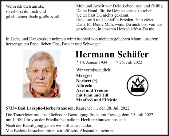Traueranzeige von Hermann Schäfer von Siegener Zeitung