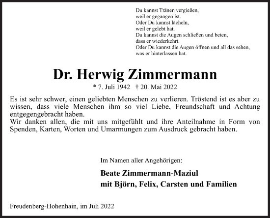 Traueranzeige von Herwig Zimmermann von Siegener Zeitung