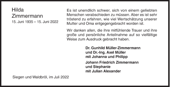 Traueranzeige von Hilda Zimmermann von Siegener Zeitung