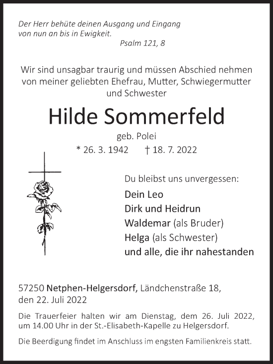 Traueranzeige von Hilde Sommerfeld von Siegener Zeitung