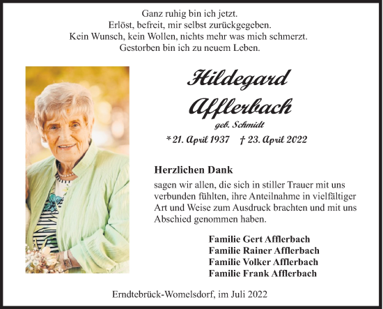 Traueranzeige von Hildegard Afflerbach von Siegener Zeitung