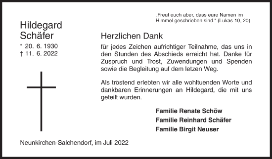 Traueranzeige von Hildegard Schäfer von Siegener Zeitung