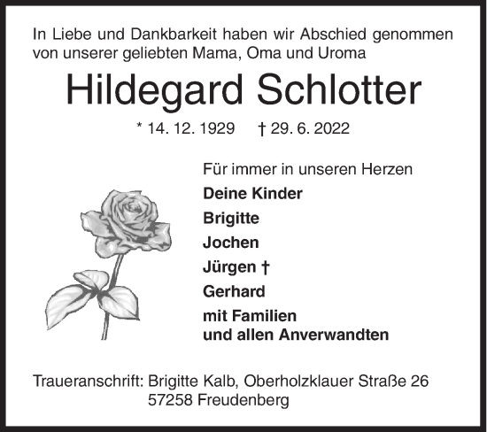 Traueranzeige von Hildegard Schiotter von Siegener Zeitung