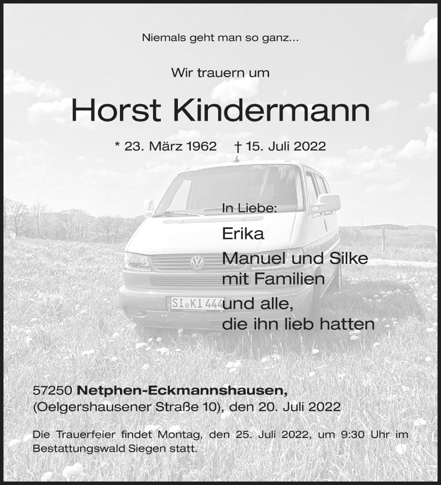  Traueranzeige für Horst Kindermann vom 20.07.2022 aus Siegener Zeitung