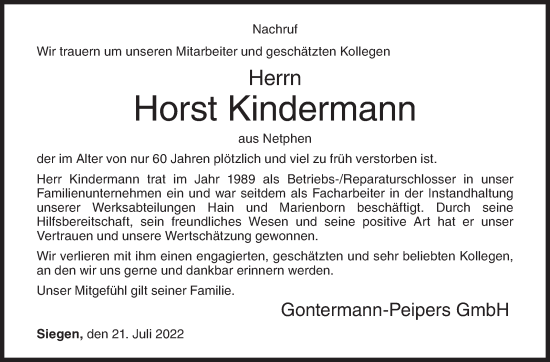 Traueranzeige von Horst Kindermann von Siegener Zeitung