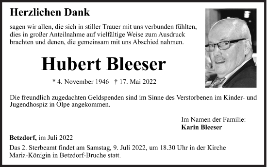 Traueranzeige von Hubert Bleeser von Siegener Zeitung