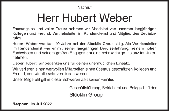 Traueranzeige von Hubert Weber von Siegener Zeitung